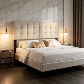 Quilted Grid Linen Upholstered Headboard Queen/Full Size Bed Frame Mount Panel - Fabric Bedding Accessory