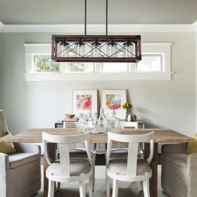 32" Red Wood Industrial Farmhouse Rectangle Pendant Light, 5-Light Chandelier with Lampshade for Dining Room, Kitchen Island, Cafe Decor (No Bulb