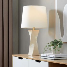 Square Contemporary 27" Ceramic Table Lamp in Cream Ceramic, Gold Metal, and White Linen