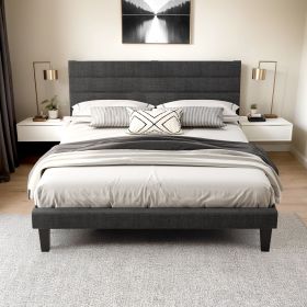 Dark Gray Queen Size Tufted Platform Bed Frame - Linen-Like Upholstery, Horizontal Stripe Headboard
