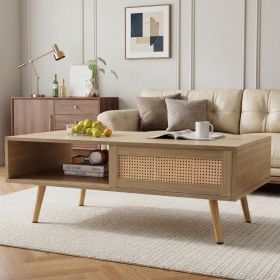 41.34" Rattan Coffee table, sliding door for storage, solid wood legs, Modern table for living room , natural