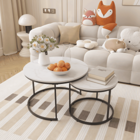 27.6" Nesting Coffee Table Set of 2, Round Coffee Table Wood Marble Pattern Top with Sturdy Metal Frame