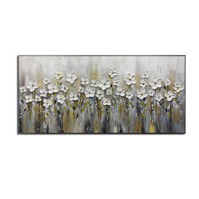 Handmade Gold Foil Abstract Oil Painting  Wall Art Modern Minimalist White Flowers Canvas Home Decorative For Living Room No Frame (size: 50x100cm)