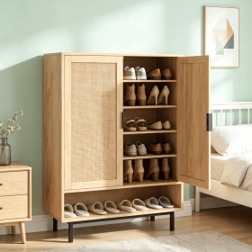 6-Tier Tall Shoe Cabinet 43 Inch Double Doors Storage Organizer for Entryway Hallway Bedroom (Color: Natural)