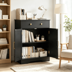 Modern Floor Storage Cabinet with Doors - Buffet Sideboard Featuring Drawer And Adjustable Shelf for Home Organization (Color: Black + Gold)