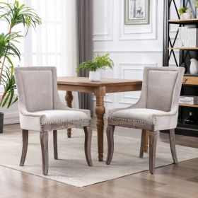Ultra Side Dining Chair, Thickened fabric chairs with neutrally toned solid wood legs, Bronze nail head, Set of 2 (Color: Beige, Material: Fabric)